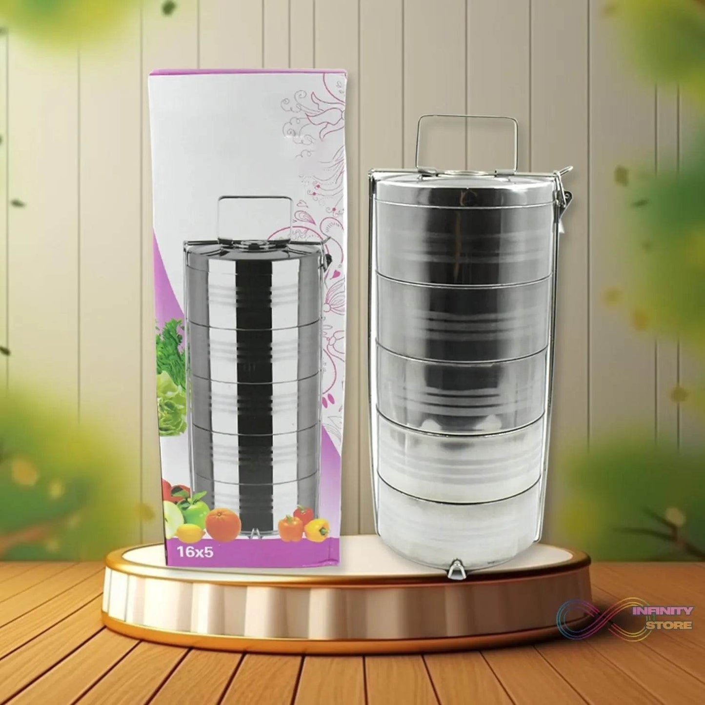 5 Compartment Lunch Box (Stainless Steel): Round Tiffin, Leakproof (16x5") - infinityexculsivestore.com