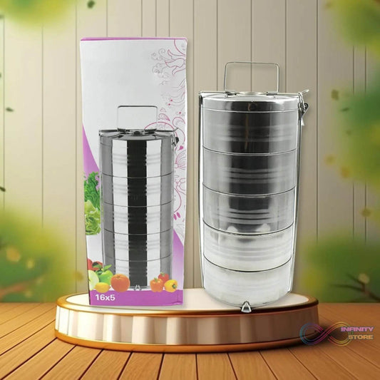 5 Compartment Lunch Box (Stainless Steel): Round Tiffin, Leakproof (16x5") - infinityexculsivestore.com