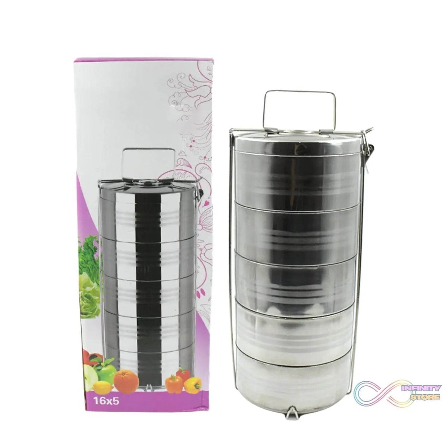 5 Compartment Lunch Box (Stainless Steel): Round Tiffin, Leakproof (16x5") - infinityexculsivestore.com