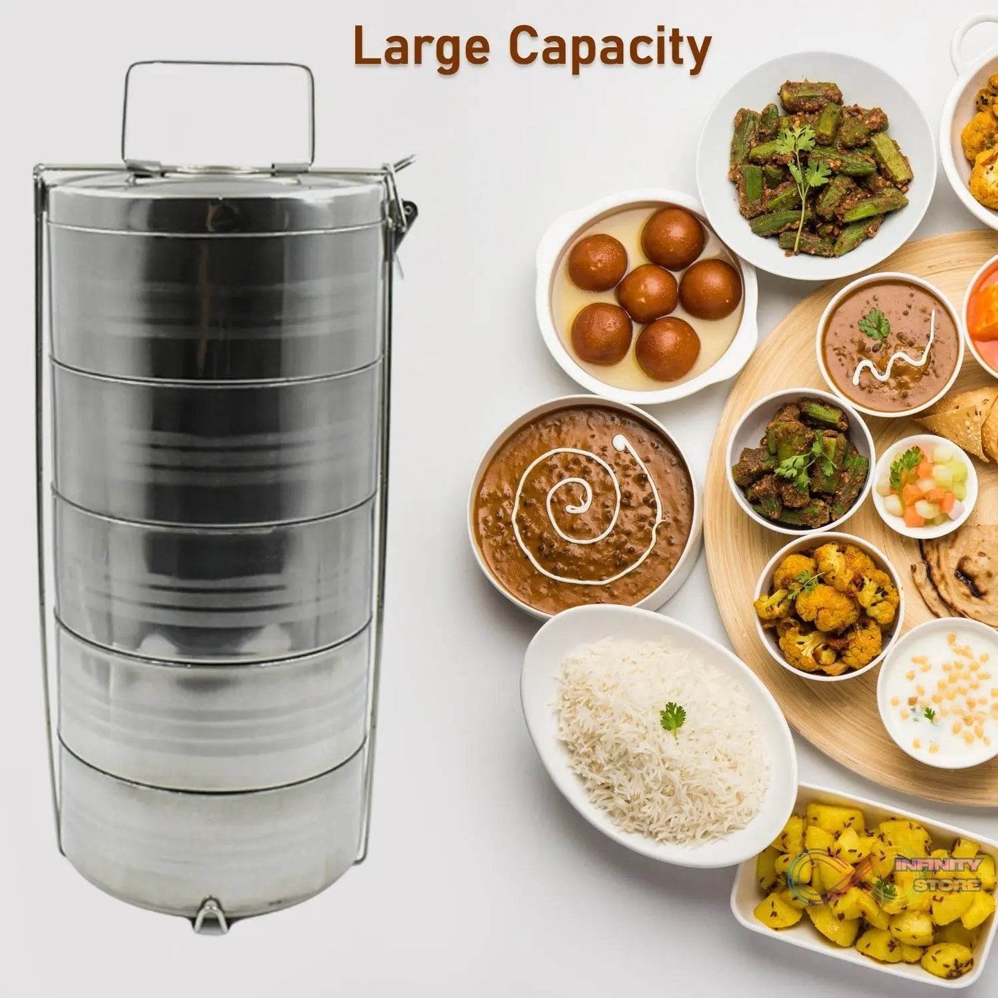 5 Compartment Lunch Box (Stainless Steel): Round Tiffin, Leakproof (16x5") - infinityexculsivestore.com