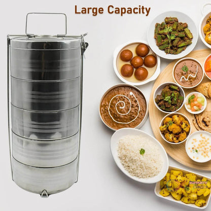 5 Compartment Lunch Box (Stainless Steel): Round Tiffin, Leakproof (16x5") - infinityexculsivestore.com