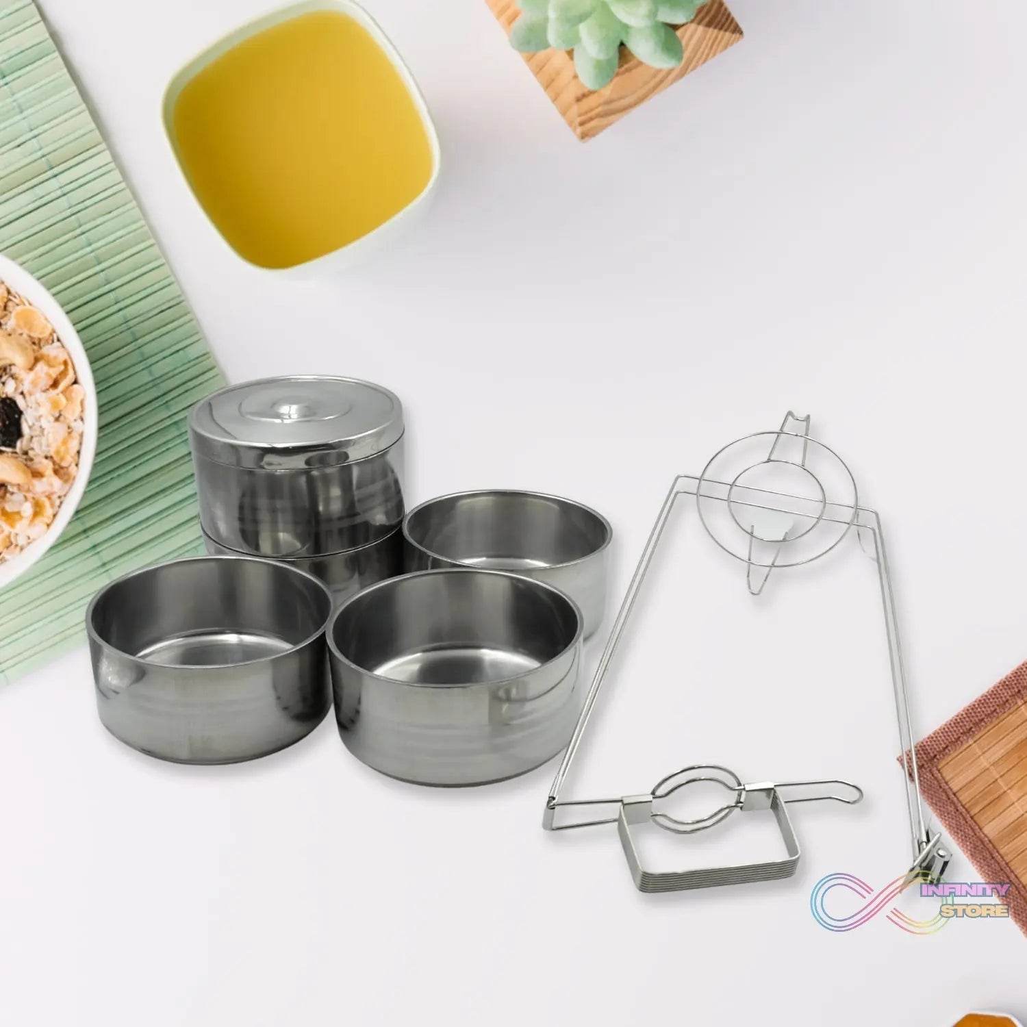 5 Compartment Lunch Box (Stainless Steel): Round Tiffin, Leakproof (16x5") - infinityexculsivestore.com