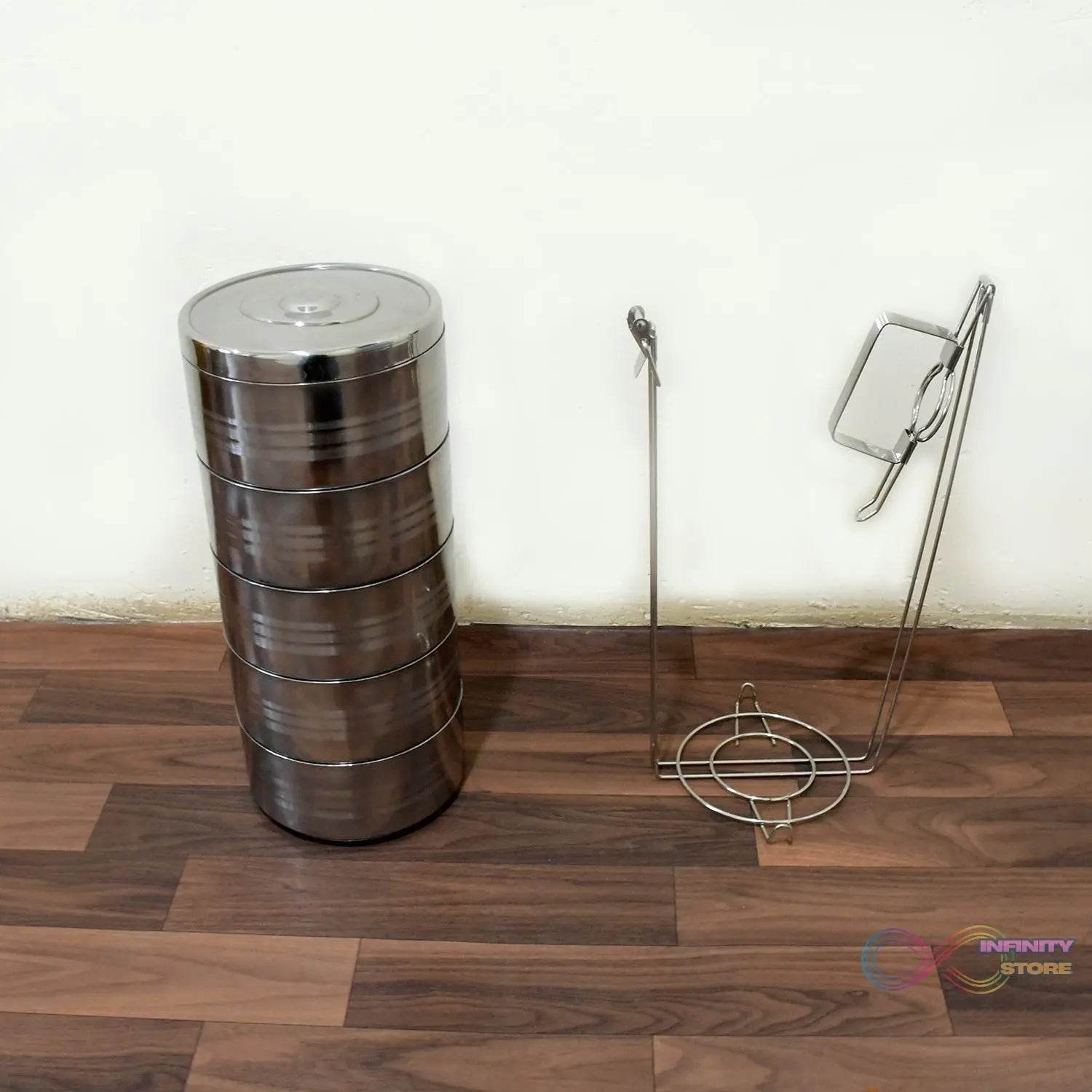5 Compartment Lunch Box (Stainless Steel): Round Tiffin, Leakproof (16x5") - infinityexculsivestore.com