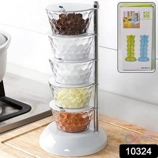 5 Section 360° Rotating Vertical Seasoning Box Plastic Pickle Tower | Spice Rack (5 Layer with 5 Plastic Spoon / 1 Set) - infinityexculsivestore.com