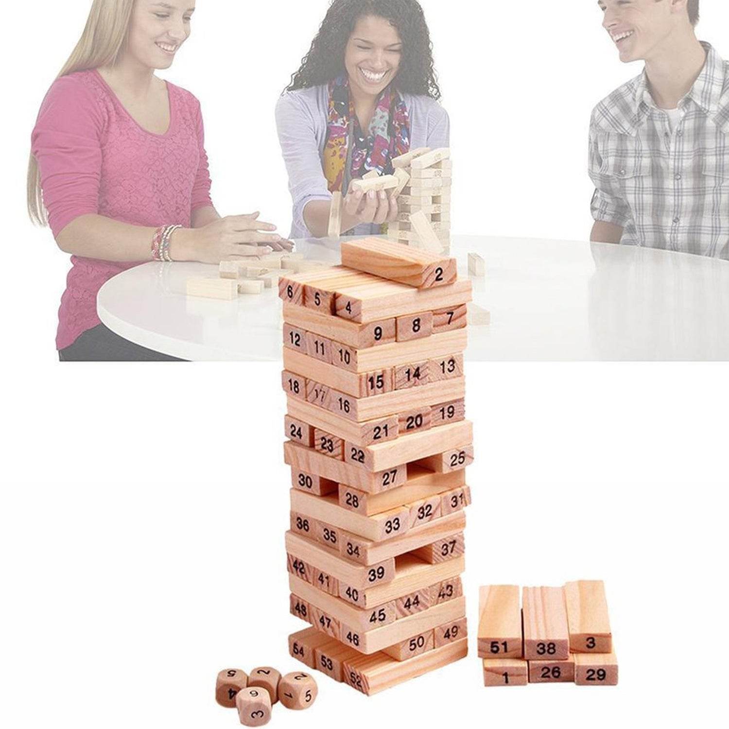 54 Pcs Blocks 4 Dices Wooden Tumbling Stacking Building - infinityexculsivestore.com