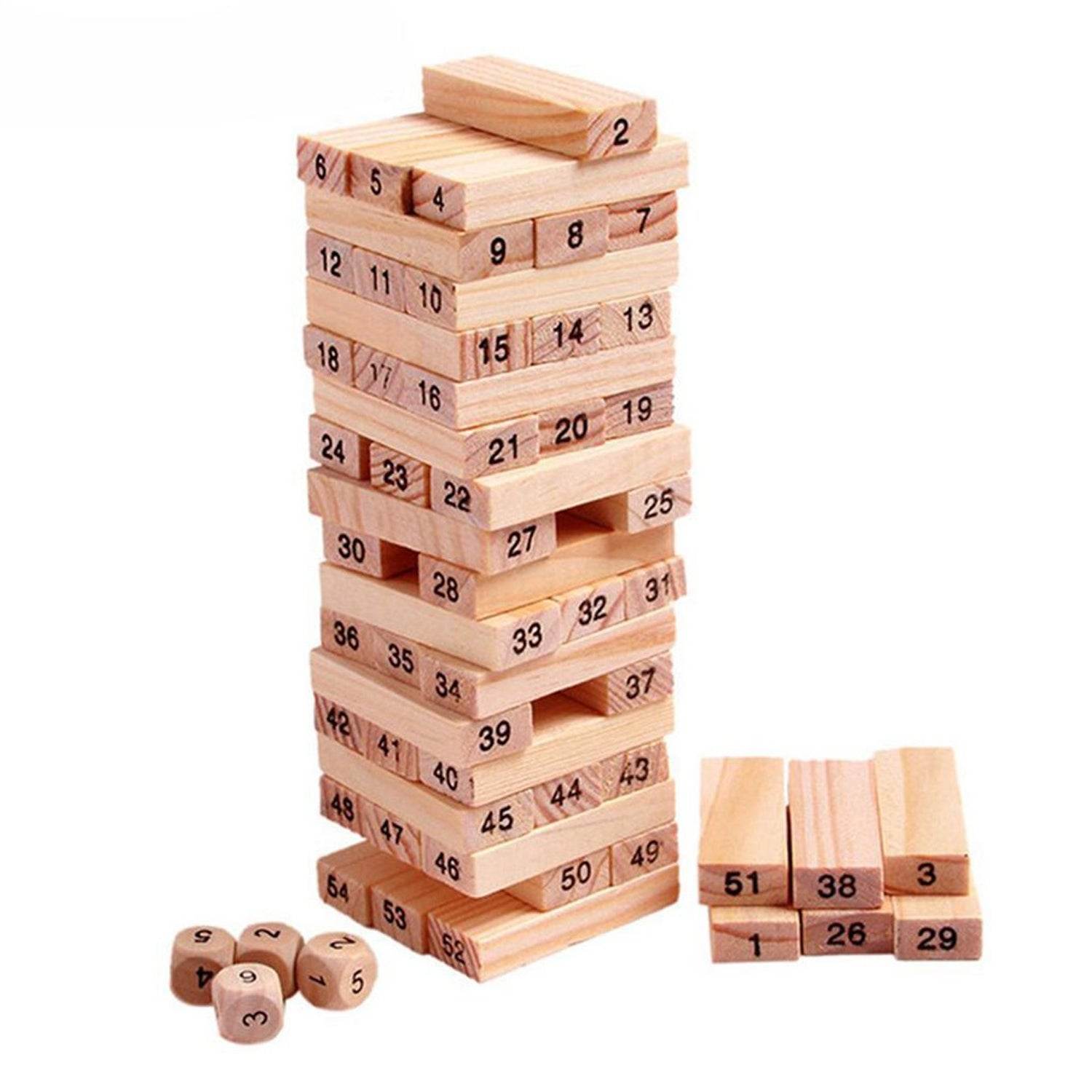 54 Pcs Blocks 4 Dices Wooden Tumbling Stacking Building - infinityexculsivestore.com