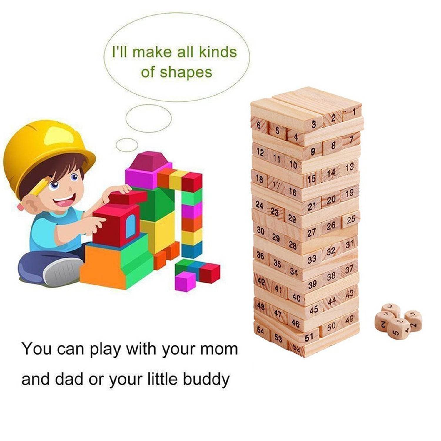 54 Pcs Blocks 4 Dices Wooden Tumbling Stacking Building - infinityexculsivestore.com