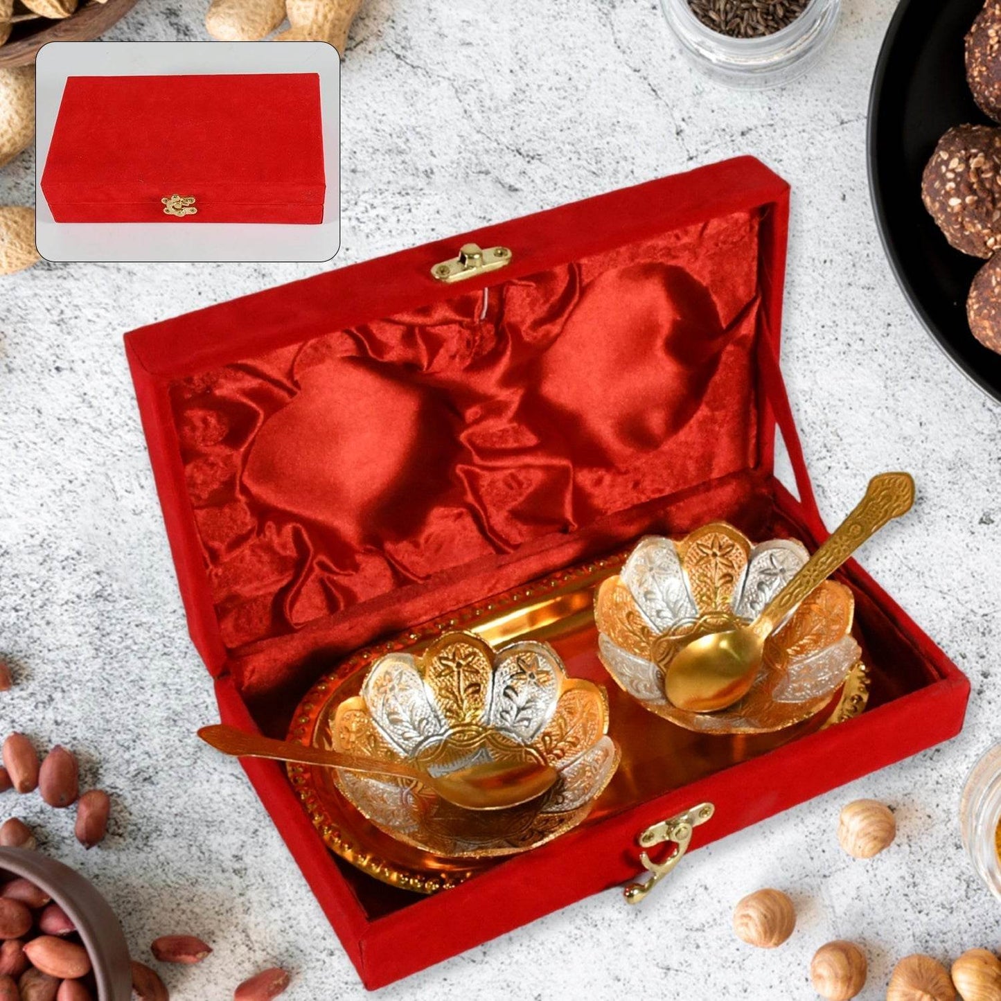 5in1 Gold Silver Plated 2 Bowl 2 Spoon Tray Set Brass with Red Velvet Gift Box Serving Dry Fruits Desserts Gift - infinityexculsivestore.com