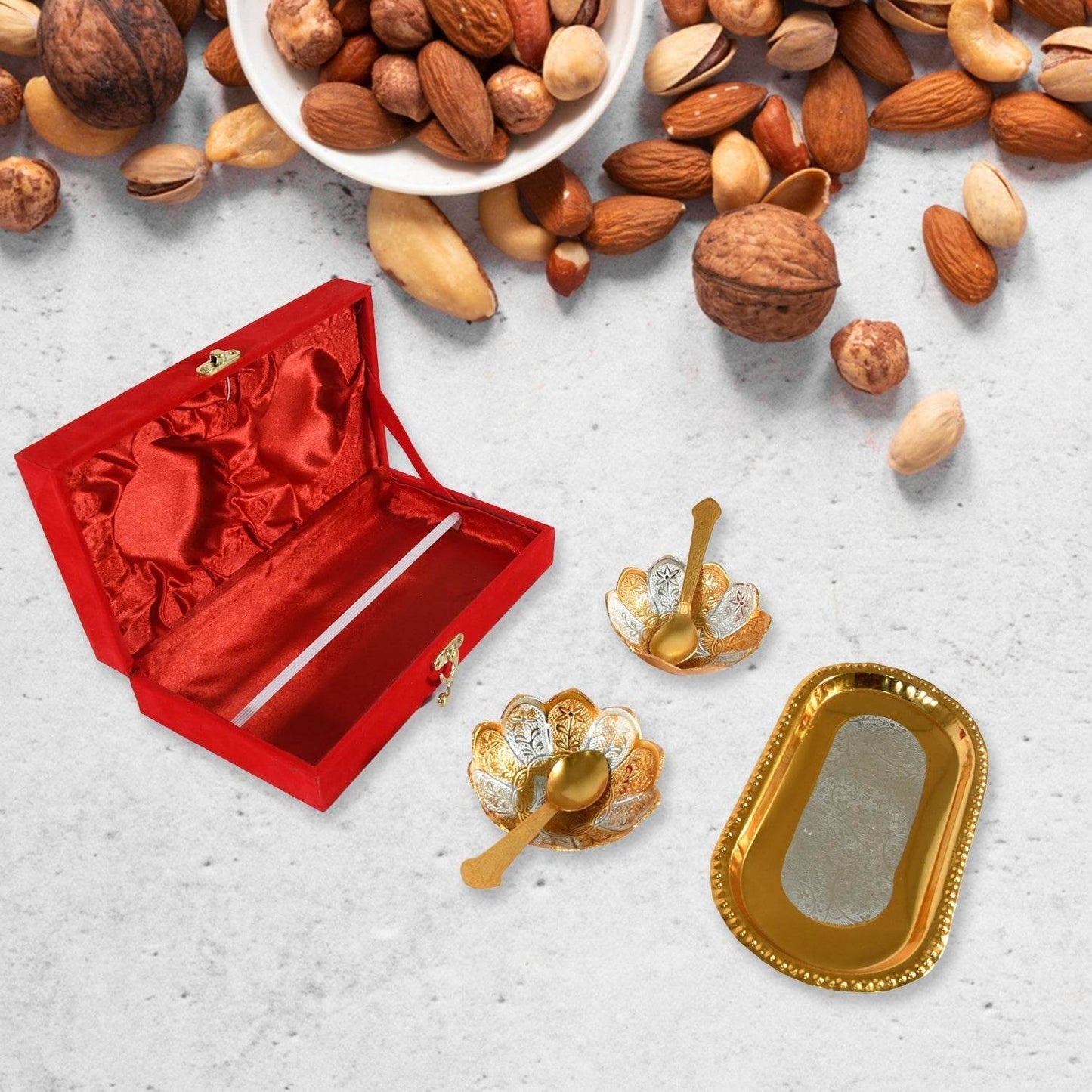 5in1 Gold Silver Plated 2 Bowl 2 Spoon Tray Set Brass with Red Velvet Gift Box Serving Dry Fruits Desserts Gift - infinityexculsivestore.com