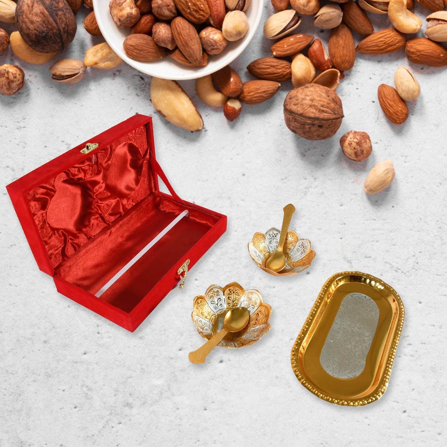 5in1 Gold Silver Plated 2 Bowl 2 Spoon Tray Set Brass with Red Velvet Gift Box Serving Dry Fruits Desserts Gift - infinityexculsivestore.com
