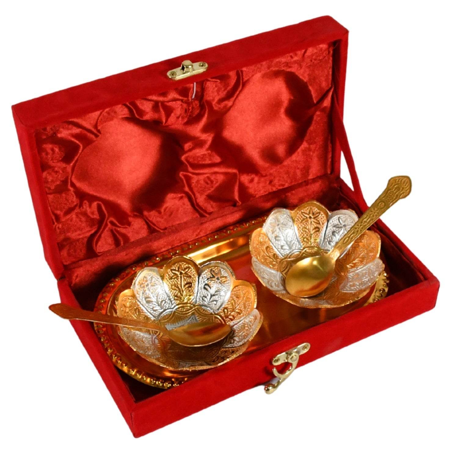 5in1 Gold Silver Plated 2 Bowl 2 Spoon Tray Set Brass with Red Velvet Gift Box Serving Dry Fruits Desserts Gift - infinityexculsivestore.com