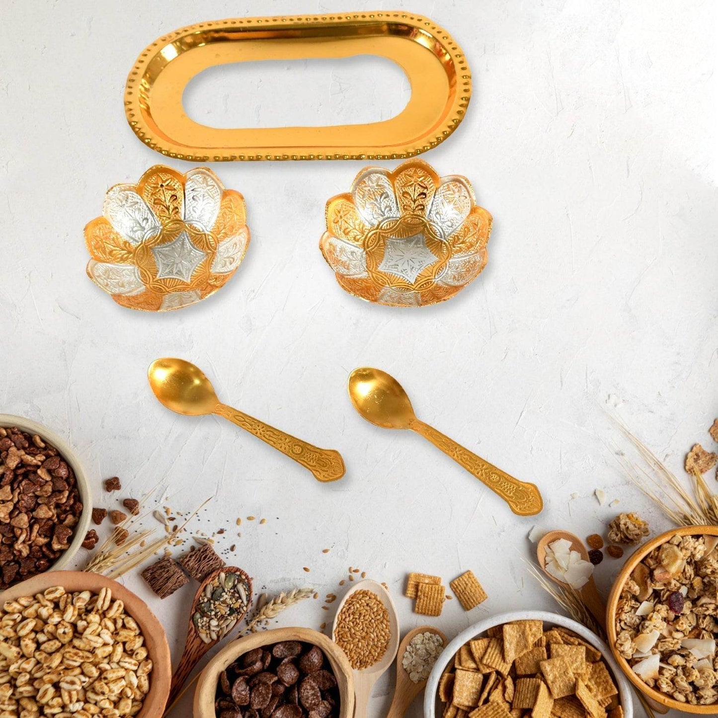 5in1 Gold Silver Plated 2 Bowl 2 Spoon Tray Set Brass with Red Velvet Gift Box Serving Dry Fruits Desserts Gift - infinityexculsivestore.com