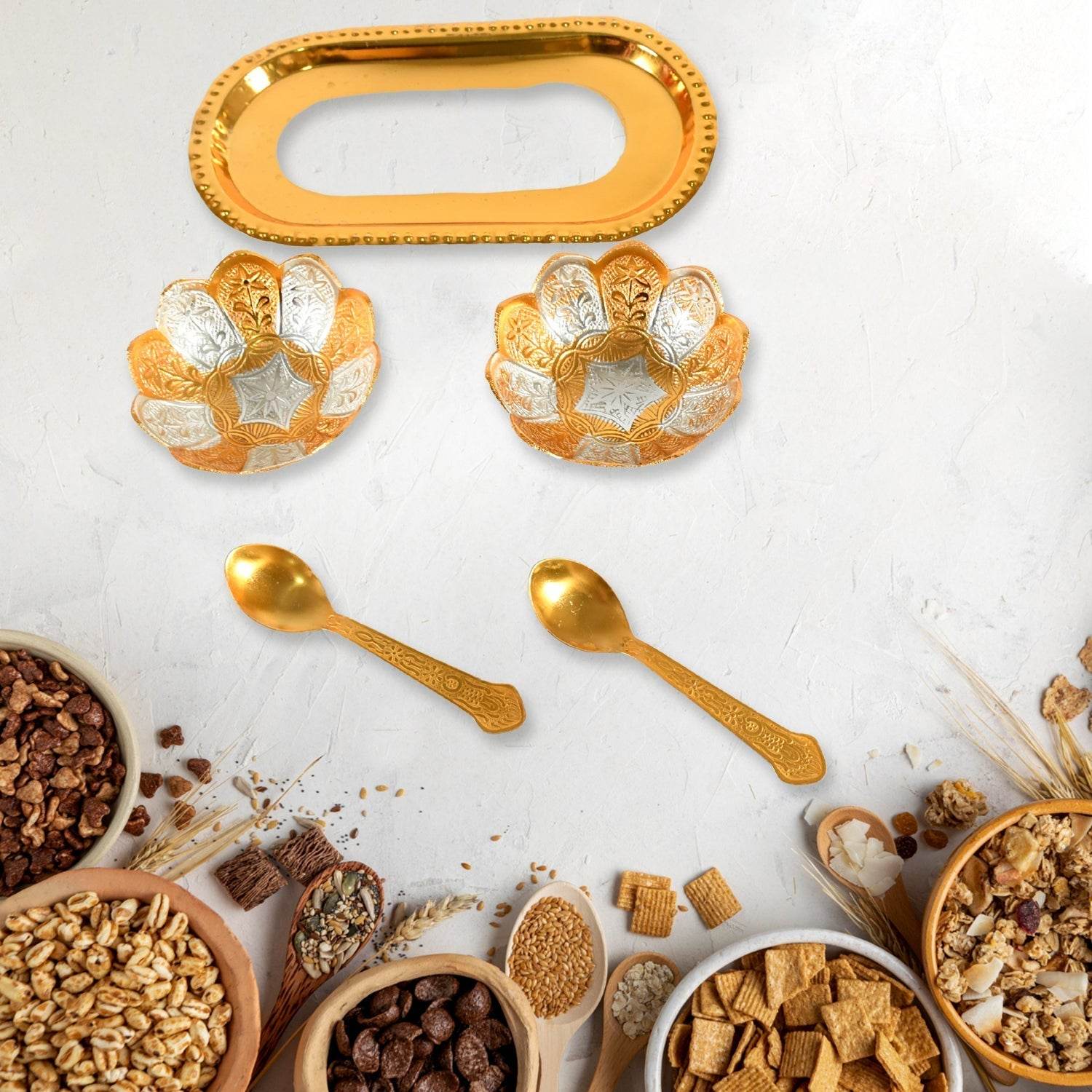 5in1 Gold Silver Plated 2 Bowl 2 Spoon Tray Set Brass with Red Velvet Gift Box Serving Dry Fruits Desserts Gift - infinityexculsivestore.com
