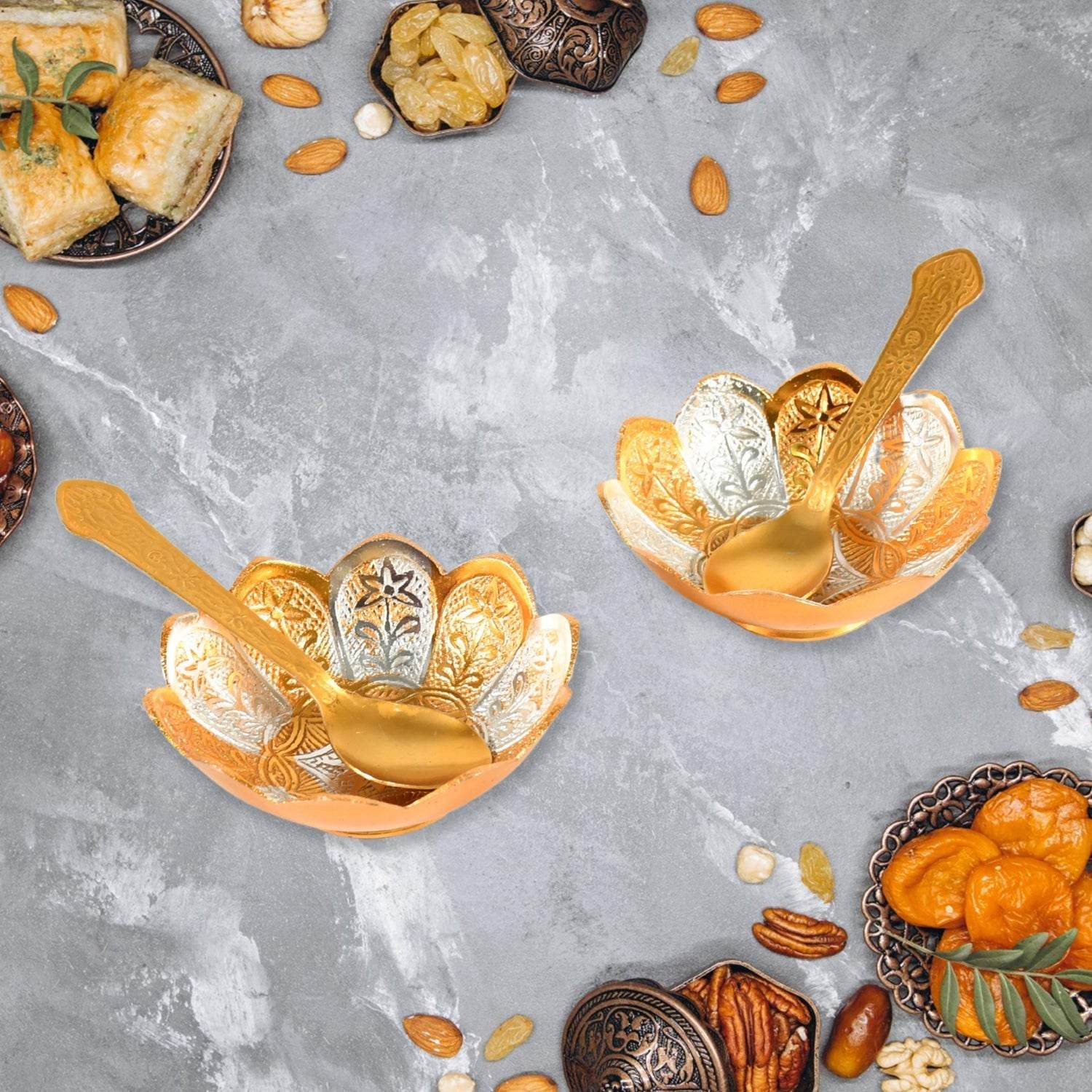 5in1 Gold Silver Plated 2 Bowl 2 Spoon Tray Set Brass with Red Velvet Gift Box Serving Dry Fruits Desserts Gift - infinityexculsivestore.com