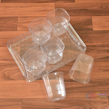6pc Glasses Set With tray Stylish Transparent Water Glass / Juice Glass / Beer Glass / Wine Glass Plastic Glass Set - infinityexculsivestore.com