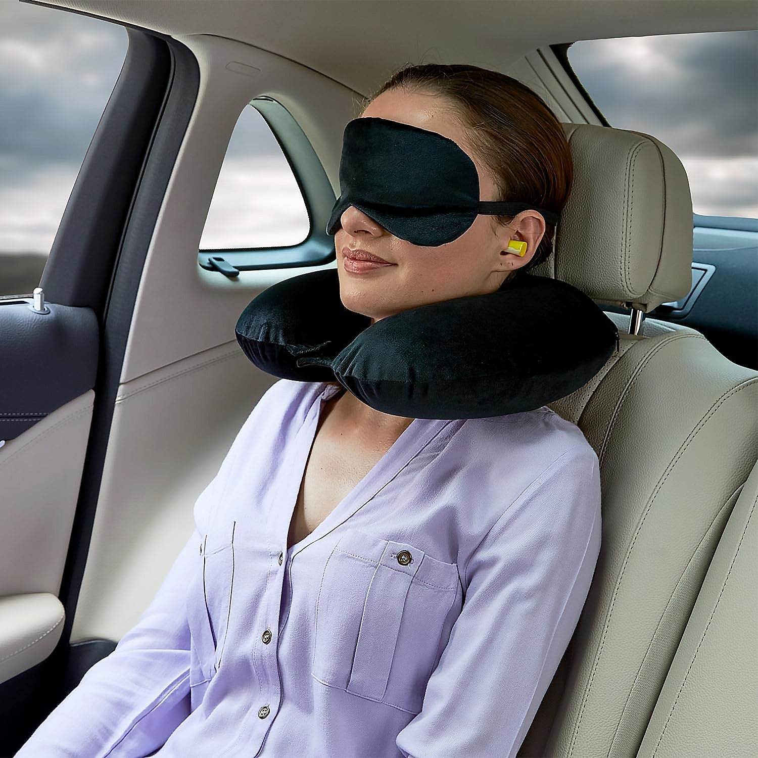 8512 3 in 1 Comfortable Travel Sleeping Kit, Neck Pillow, Eye Mask & Ear Plug Set Inflatable Plane Sleeping Pillow Head Neck Support Pillows for Travel Airplane Office, Black - infinityexculsivestore.com