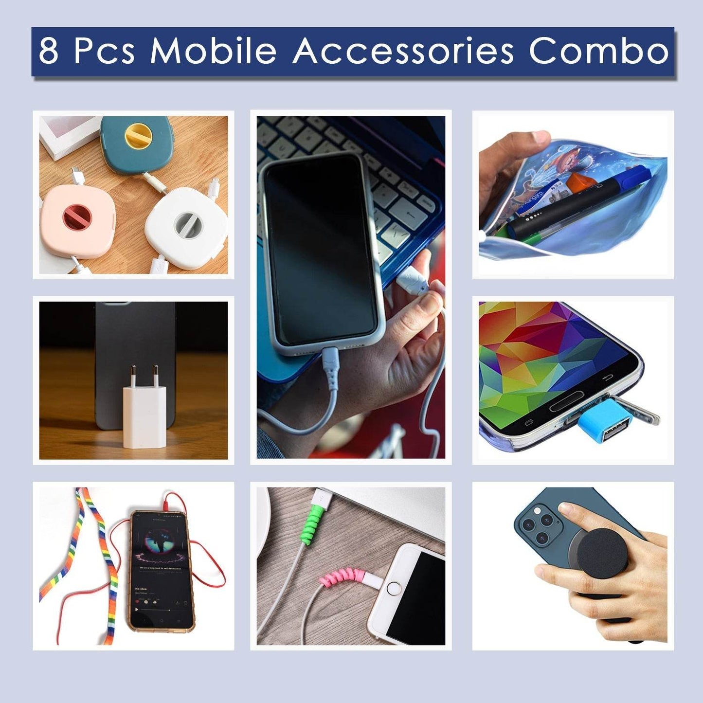 8Pcs Mobile Accessories Combo In Zip Printed Pouch Bag - infinityexculsivestore.com
