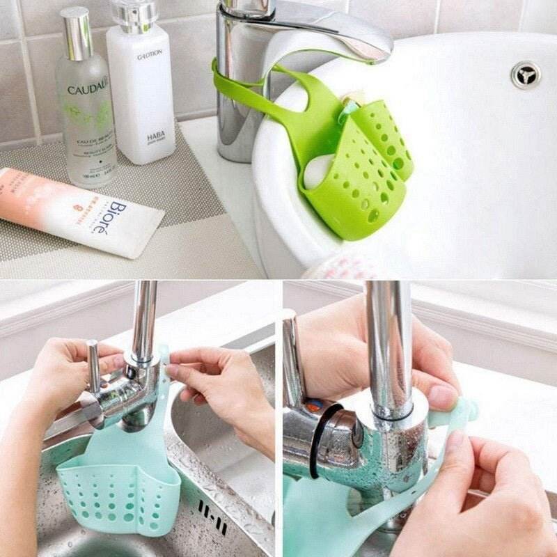Adjustable Kitchen Bathroom Water Drainage Plastic Basket / Bag with Faucet Sink Caddy - infinityexculsivestore.com