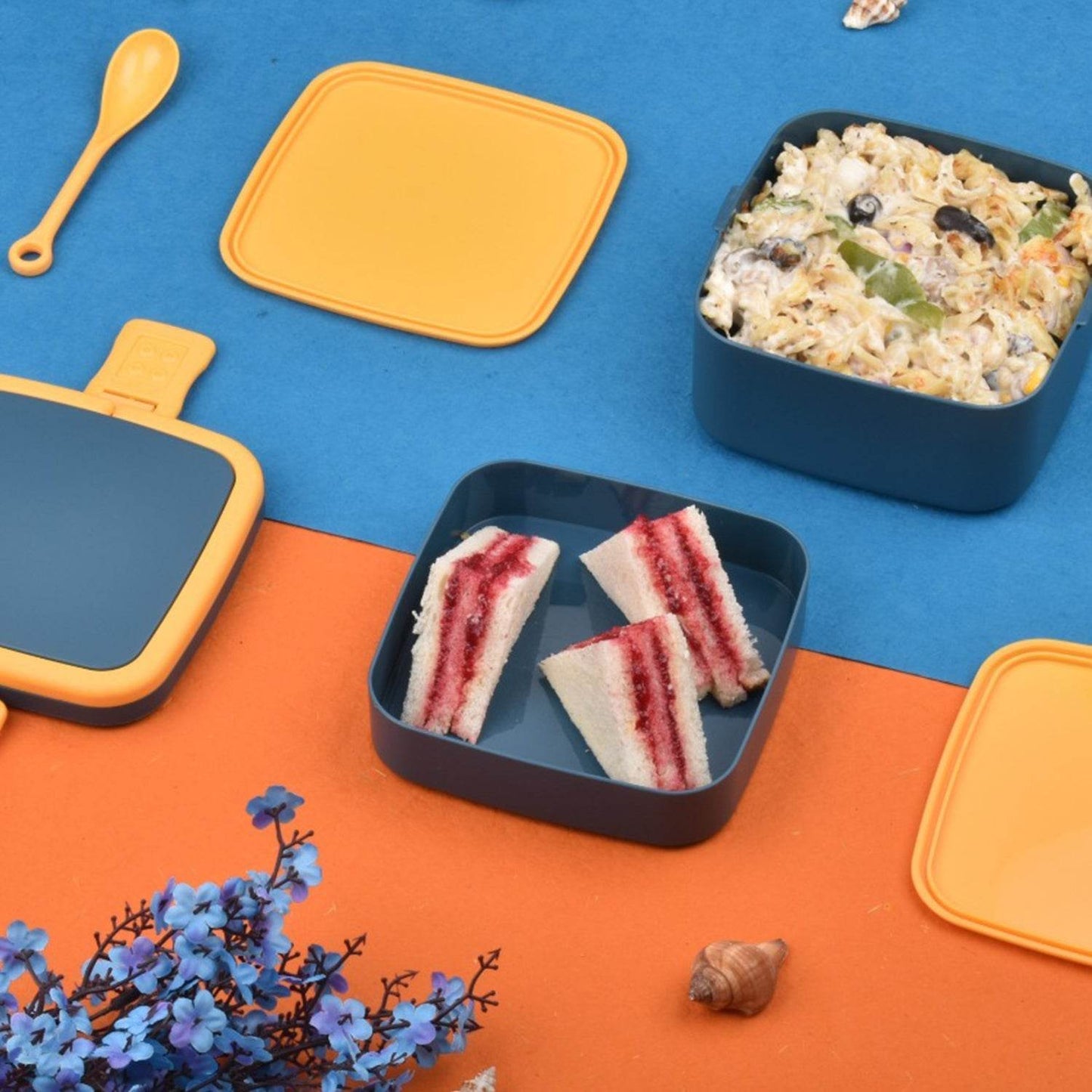 BLUE DOUBLE-LAYER PORTABLE LUNCH BOX STACKABLE WITH CARRYING HANDLE AND SPOON LUNCH BOX , Bento Lunch Box - infinityexculsivestore.com