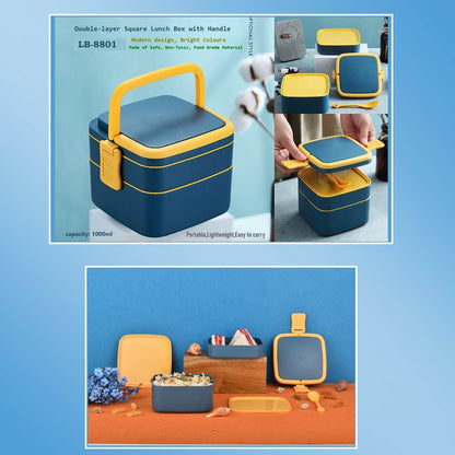 BLUE DOUBLE-LAYER PORTABLE LUNCH BOX STACKABLE WITH CARRYING HANDLE AND SPOON LUNCH BOX , Bento Lunch Box - infinityexculsivestore.com
