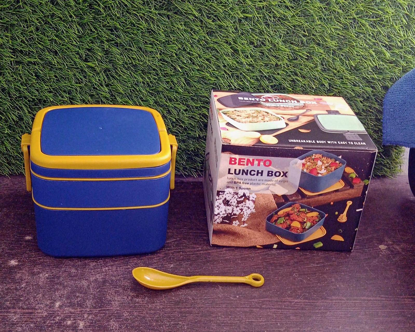 BLUE DOUBLE-LAYER PORTABLE LUNCH BOX STACKABLE WITH CARRYING HANDLE AND SPOON LUNCH BOX , Bento Lunch Box - infinityexculsivestore.com