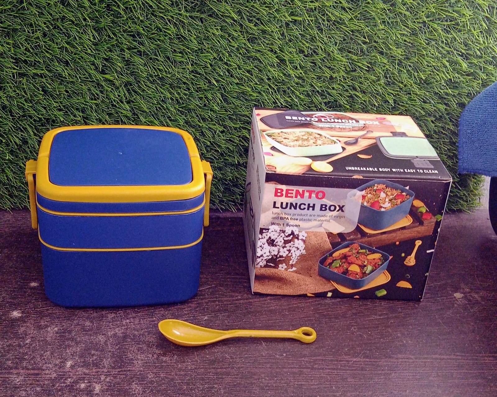 BLUE DOUBLE-LAYER PORTABLE LUNCH BOX STACKABLE WITH CARRYING HANDLE AND SPOON LUNCH BOX , Bento Lunch Box - infinityexculsivestore.com