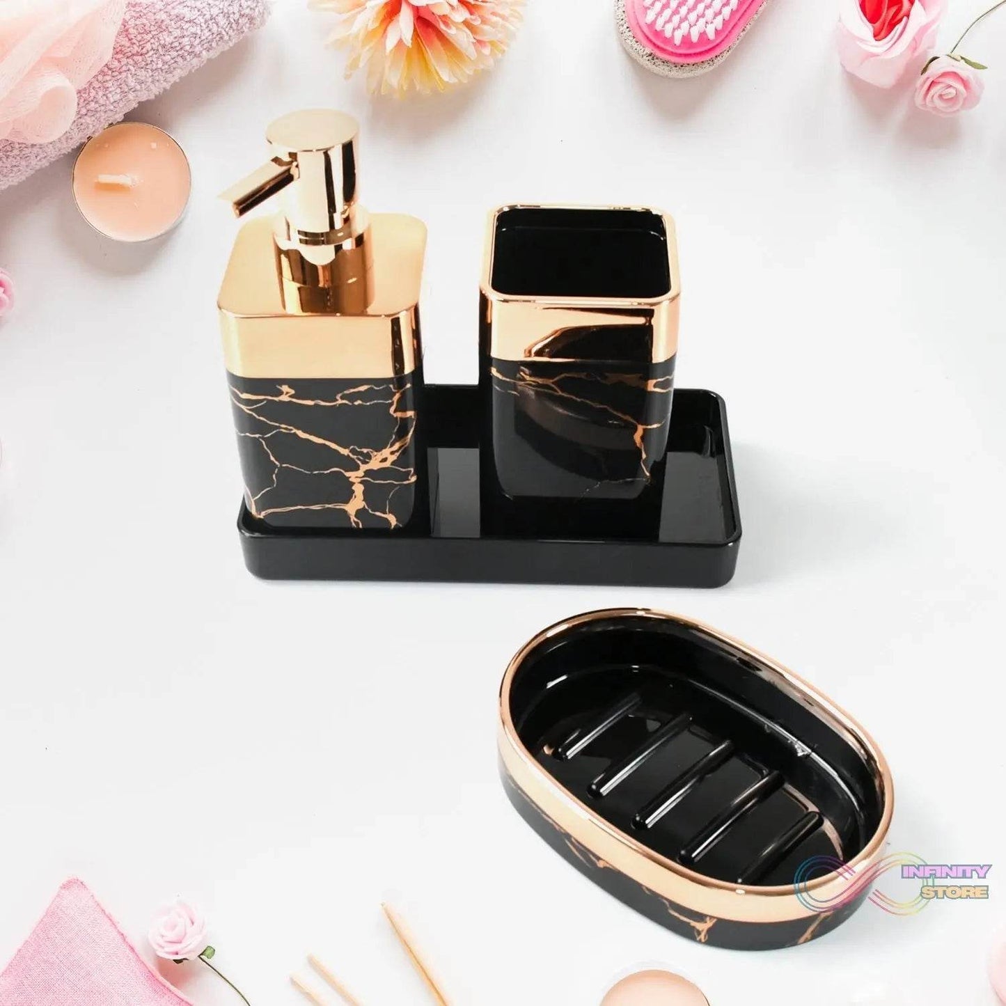 Bathroom Accessories Set, Bathroom Decor with 1 Soap Dispenser, 1 Tumbler, 1 Tray, 1 Soap Dish for Bathroom, Kitchen, Office, Gift for Women and Men (4 pcs set) - infinityexculsivestore.com