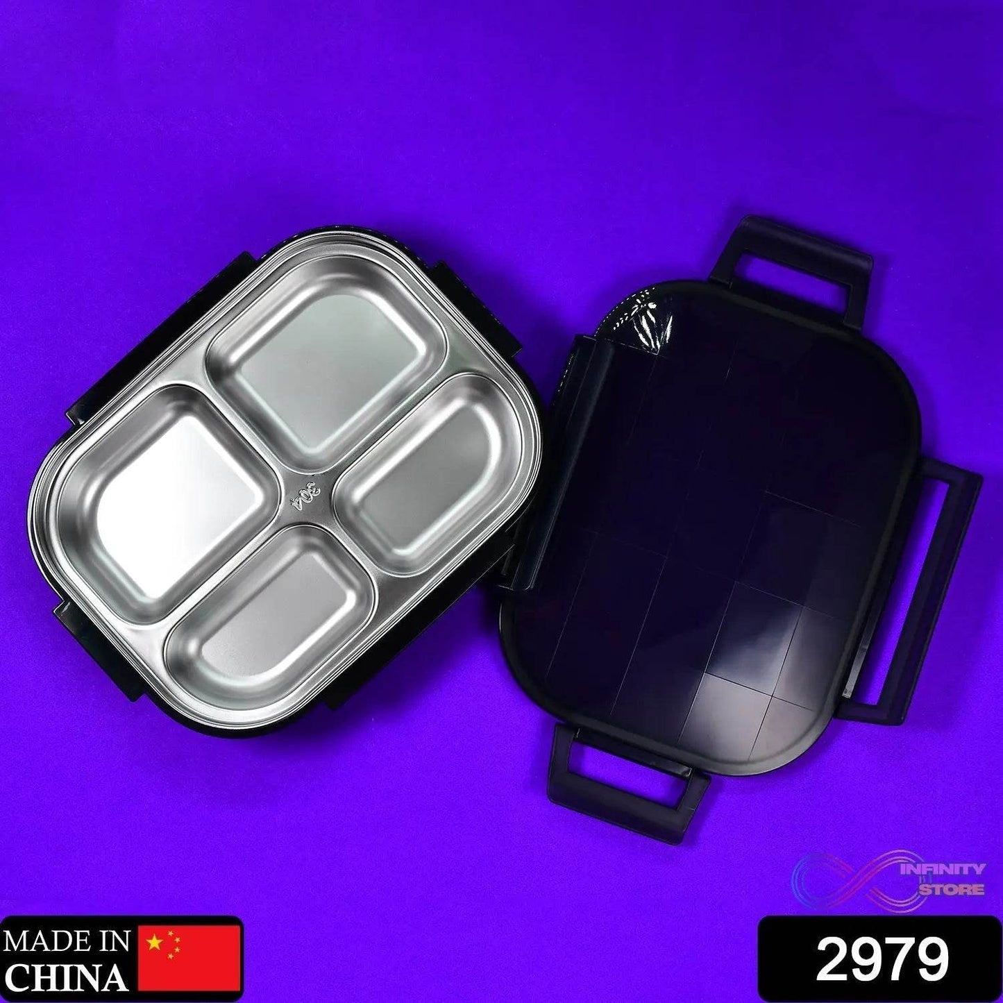 Black Transparent 4 Compartment Lunch Box for Kids and adults, Stainless Steel Lunch Box with 4 Compartments. - infinityexculsivestore.com