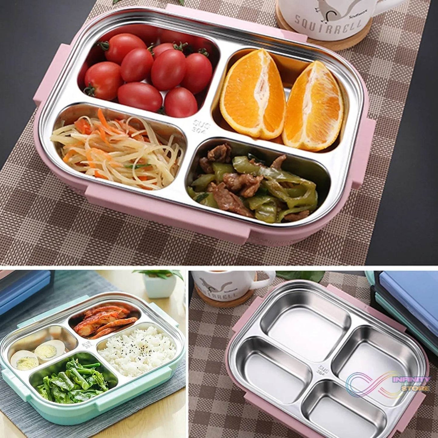 Black Transparent 4 Compartment Lunch Box for Kids and adults, Stainless Steel Lunch Box with 4 Compartments. - infinityexculsivestore.com