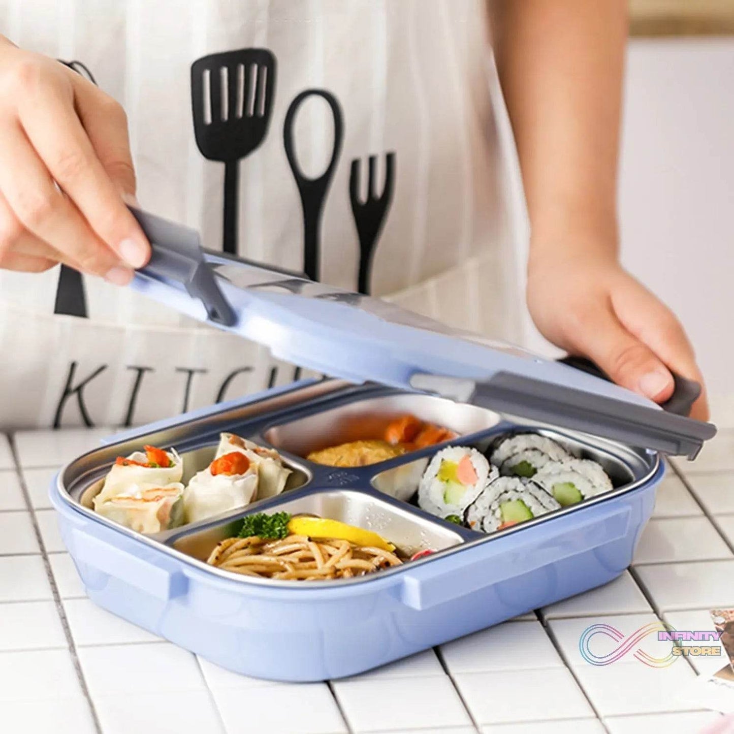Black Transparent 4 Compartment Lunch Box for Kids and adults, Stainless Steel Lunch Box with 4 Compartments. - infinityexculsivestore.com