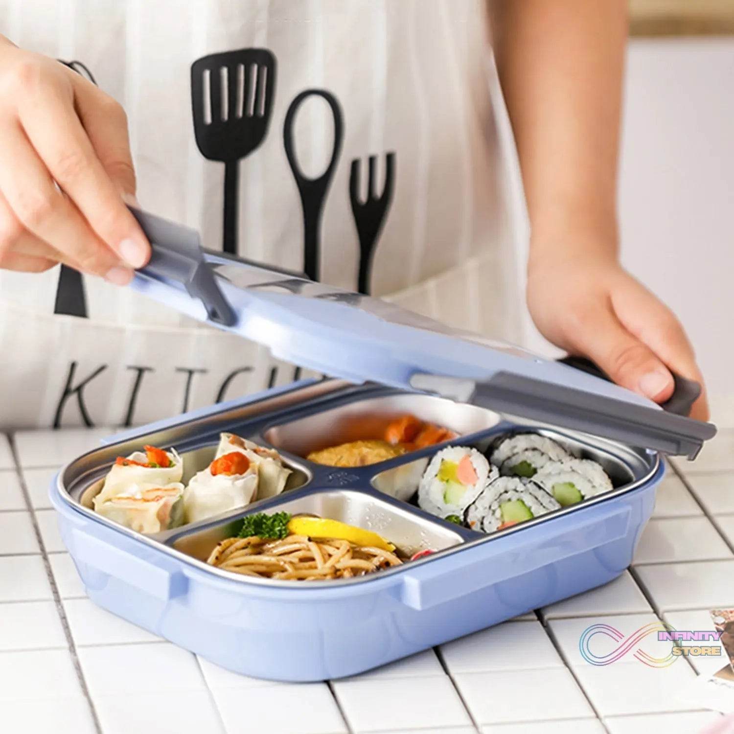 Black Transparent 4 Compartment Lunch Box for Kids and adults, Stainless Steel Lunch Box with 4 Compartments. - infinityexculsivestore.com