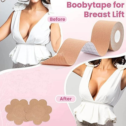 Boob Tape with Nipple Covers: Cotton, Breathable, Lift & Support (5m, 10 Pairs) - infinityexculsivestore.com