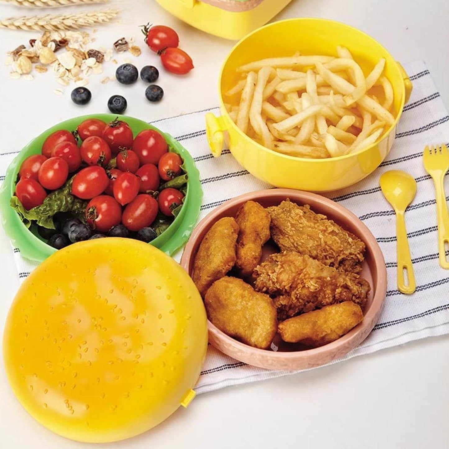 Burger Shape Lunch Box Plastic Lunch Box Food Container Sets Double Layer Lunchbox 1000ml With 2 Spoon Applicable to Kids and Elementary School Students - infinityexculsivestore.com