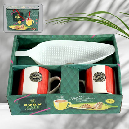 Corn Cafe Ceramic Tea / Cups Set Including Plastic Leaf Shape Serving Platter Milk Cup, Coffee Cup, Tea Cup, Breakfast Cup / Mug, or Outdoor for Household Gift For Birthday (3 Pcs Set) - infinityexculsivestore.com