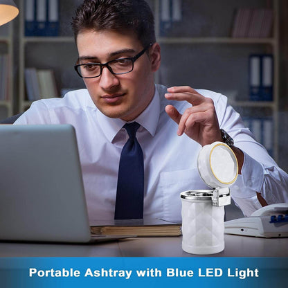 Car Cupholder Travel Ashtray with Lid and LED Light, Portable with Blue LED Light Ideal Decorative Cigar Ash Bucket, Cigarette Ashtray, Car Waste Bin - infinityexculsivestore.com