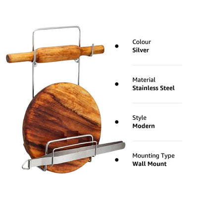 Chakla Belan Chimta Stand Rolling Pin Board Tong Holder Silver Stainless Steel Multi-Purpose Rack for Kitchen (1 Pc ) - infinityexculsivestore.com