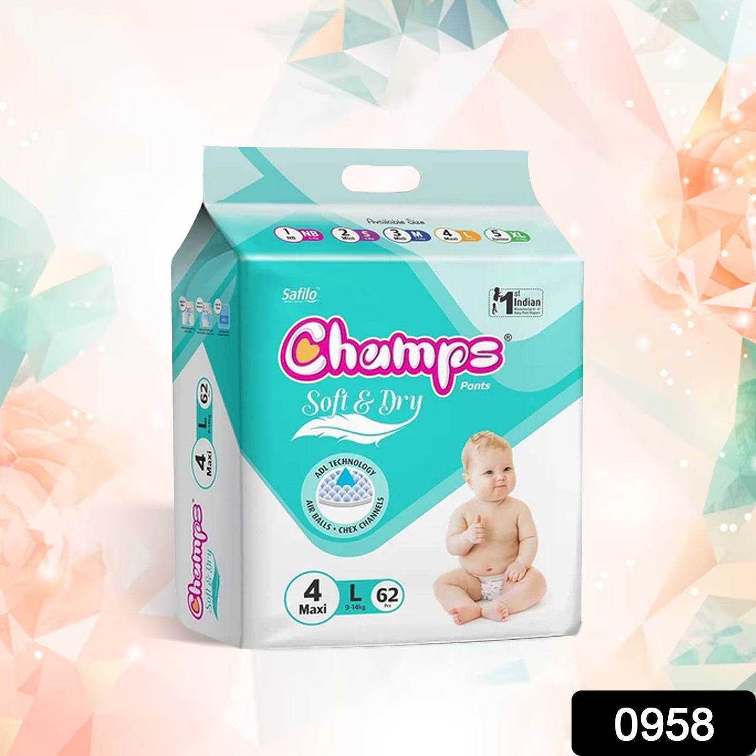 Champs Soft and Dry Baby Diaper Pants 62 Pcs (Large Size L62) - infinityexculsivestore.com
