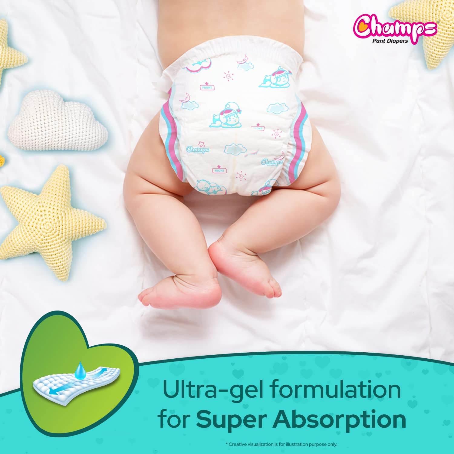 Champs Soft and Dry Baby Diaper Pants 62 Pcs (Large Size L62) - infinityexculsivestore.com