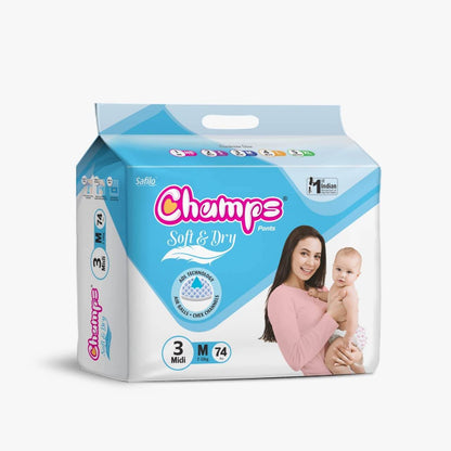 Champs Soft and Dry Baby Diaper Pants 74 Pcs (Medium Size M74) - infinityexculsivestore.com