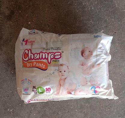 Champs Travel Diapers (Large, 10 Pcs): Leakproof, Soft & Dry, Baby Diaper Pants - infinityexculsivestore.com