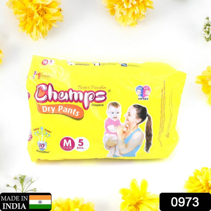 Champs Travel Diapers (Medium, 5 Pcs): Leakproof, Soft & Dry, Baby Diaper Pants - infinityexculsivestore.com
