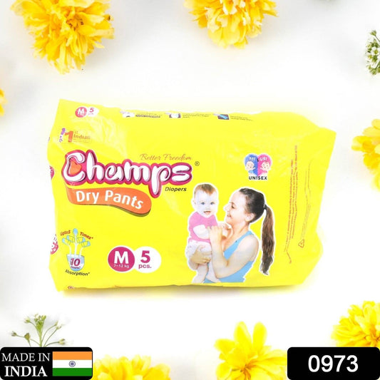 Champs Travel Diapers (Medium, 5 Pcs): Leakproof, Soft & Dry, Baby Diaper Pants - infinityexculsivestore.com