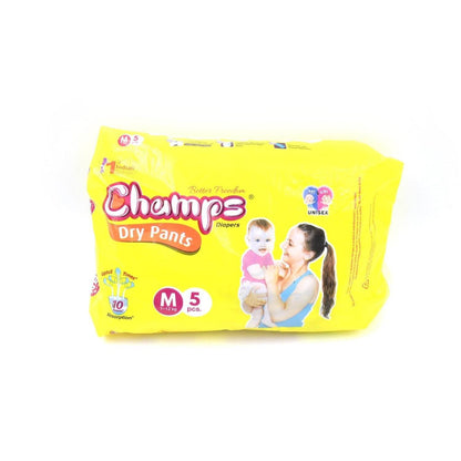 Champs Travel Diapers (Medium, 5 Pcs): Leakproof, Soft & Dry, Baby Diaper Pants - infinityexculsivestore.com