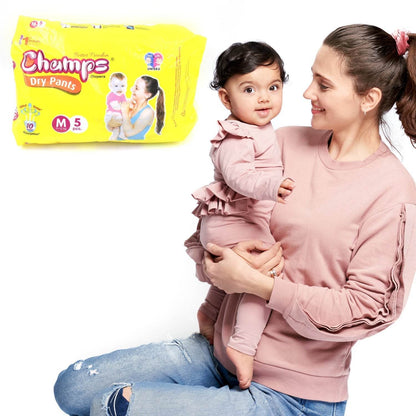 Champs Travel Diapers (Medium, 5 Pcs): Leakproof, Soft & Dry, Baby Diaper Pants - infinityexculsivestore.com