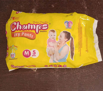 Champs Travel Diapers (Medium, 5 Pcs): Leakproof, Soft & Dry, Baby Diaper Pants - infinityexculsivestore.com