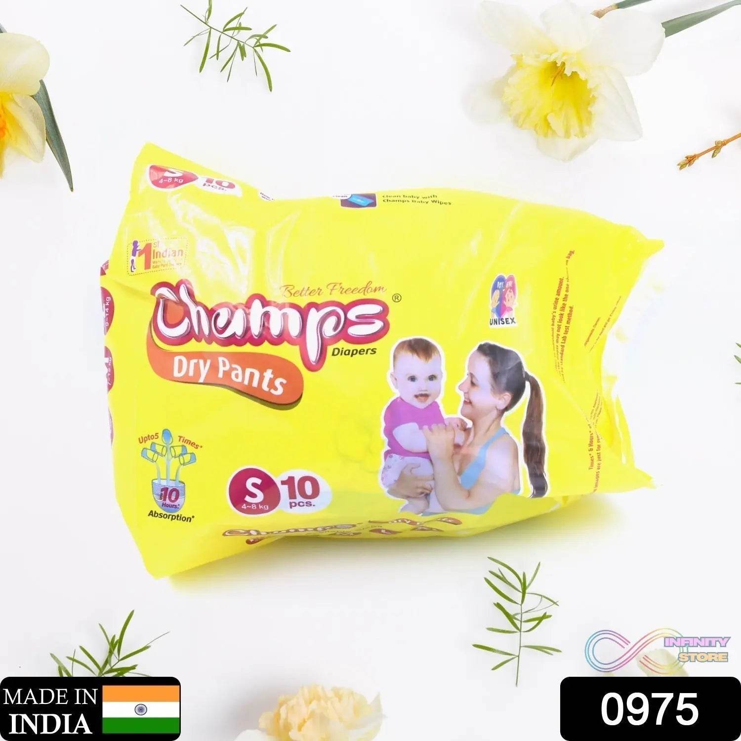 Champs Travel Diapers (Small, 10 Pcs): Leakproof, Soft & Dry, Baby Diaper Pants - infinityexculsivestore.com