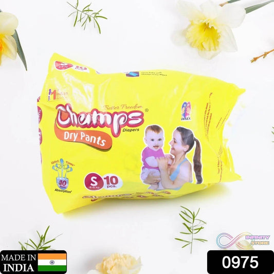 Champs Travel Diapers (Small, 10 Pcs): Leakproof, Soft & Dry, Baby Diaper Pants - infinityexculsivestore.com