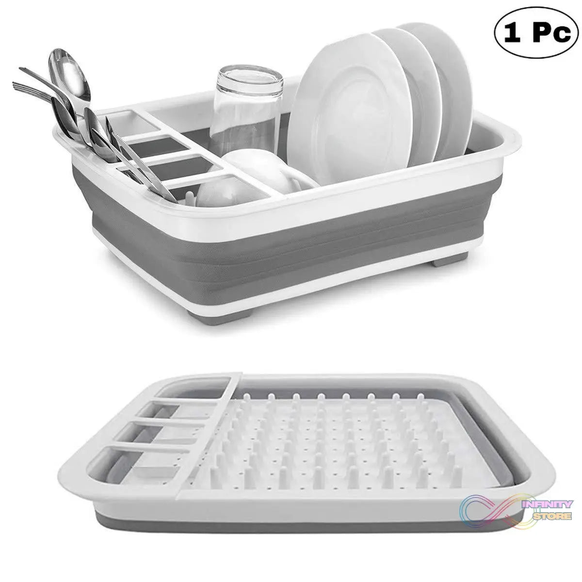 Silicone dish drying rack with utensil storage, collapsible and foldable