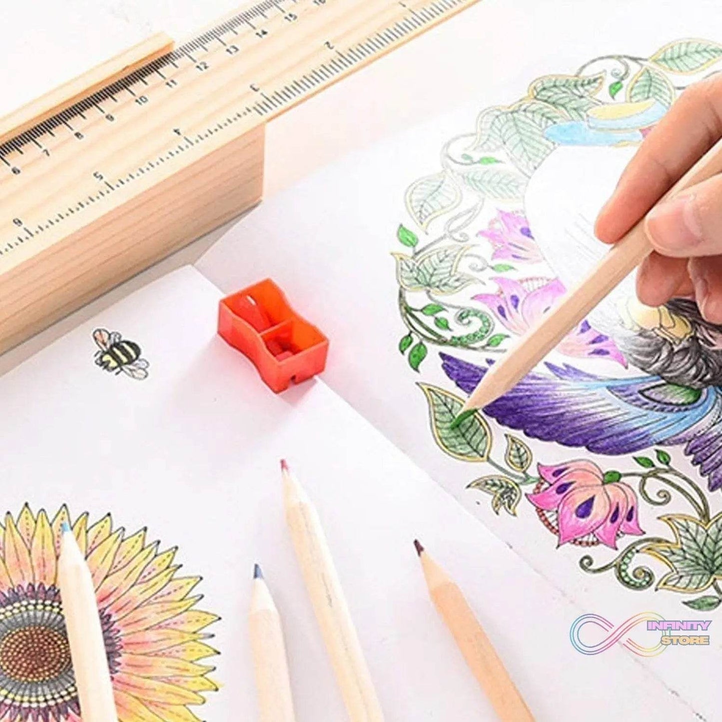 Colorful Wooden Pencil Set with Pencil box, Ruler, Sharpener For for Kids, Artist, Architect (12 Pcs Set) - infinityexculsivestore.com