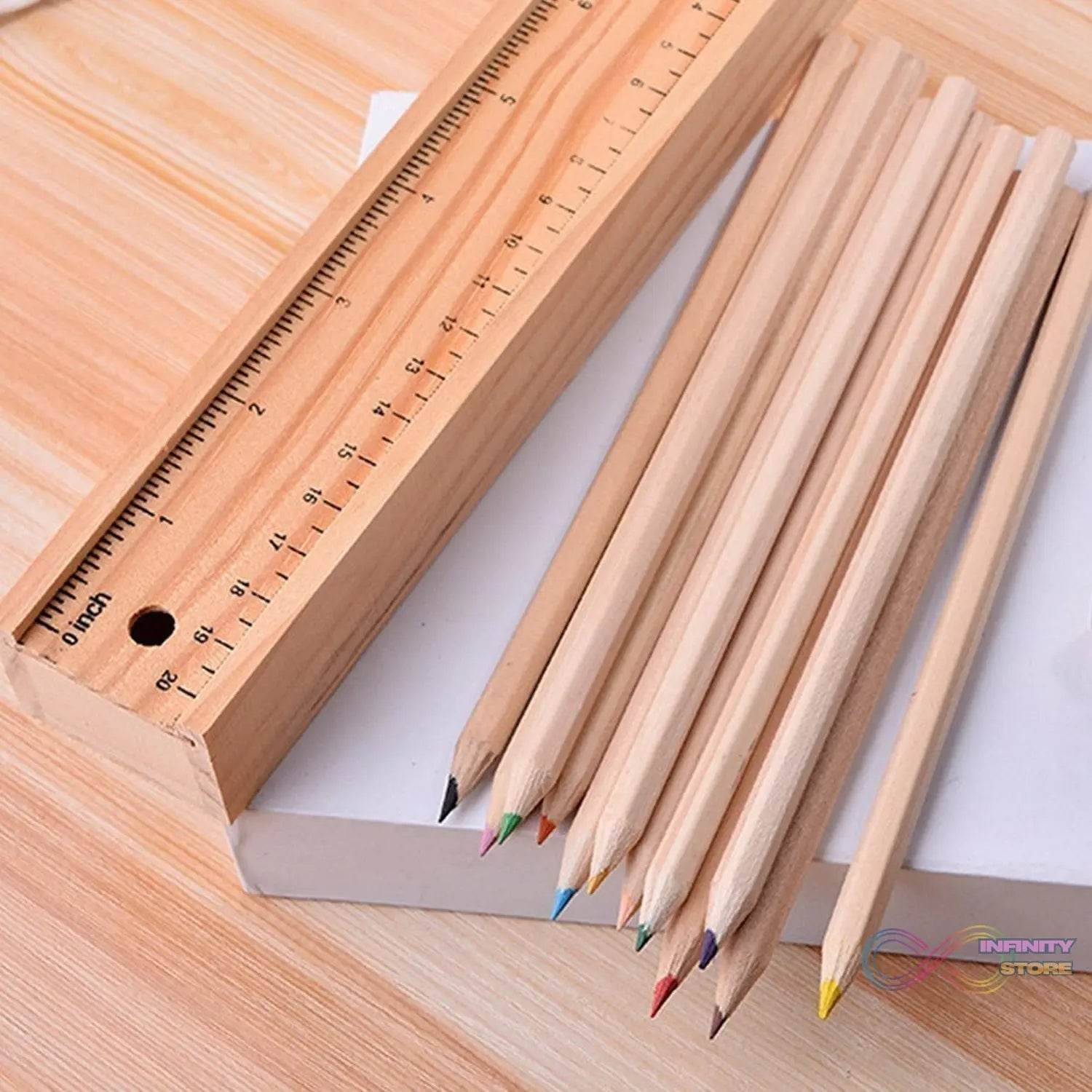 Colorful Wooden Pencil Set with Pencil box, Ruler, Sharpener For for Kids, Artist, Architect (12 Pcs Set) - infinityexculsivestore.com